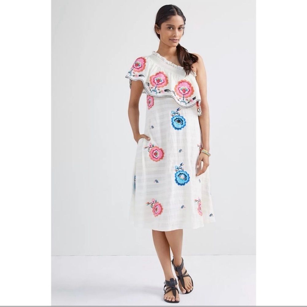 ANTHROPOLOGIE White Floral Embroidered Pullover‎ One Shoulder Maxi Dress M